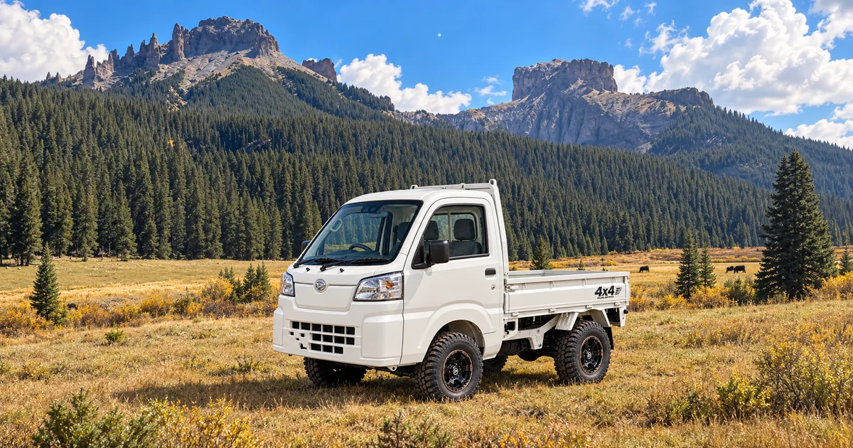 Generated Arctic White single-cab truck in the supplied mountain meadow